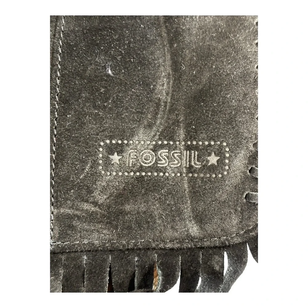 Fossil Crossbody Purse Black Suede Animal Print Fringe‎ Inside Zipper Pocket
